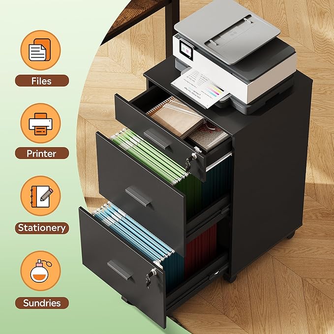 DEVAISE 3 Drawer Rolling File Cabinet with Lock Wood Filing Cabinet fits Letter / A4 Size for Home Office Black