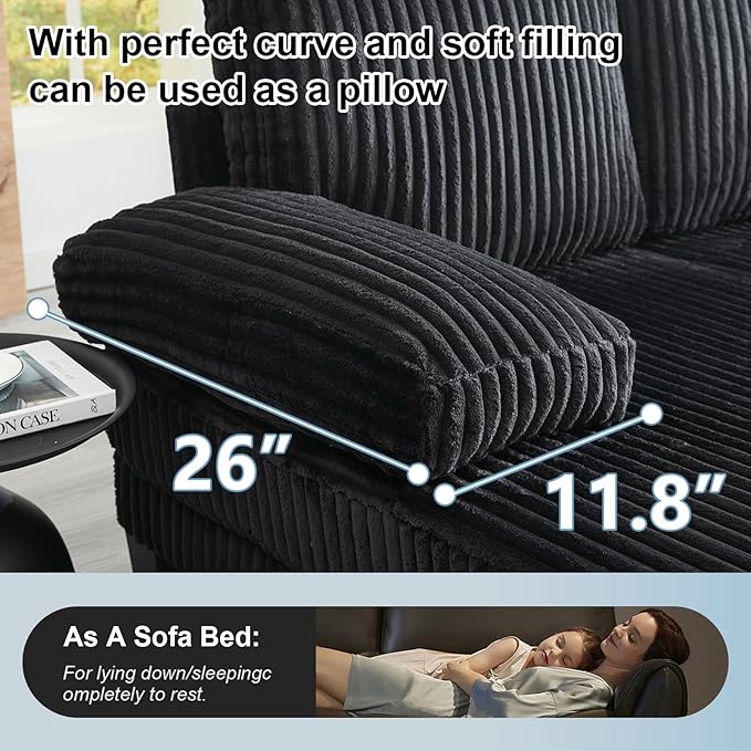 114 Cloud Couch Modular Sectional Sofa Convertible U-Shaped Couches with Double Chaise Lounge Corduroy Upholstery Sofas Double Cushions Deep Seat Sleeper Couchs for Living Room Black
