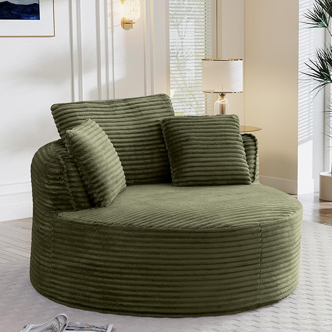 Antetek 53.5-inch Round Chair Modern Accent Corduroy Comfy Deep Seat Boneless Foam Floor Single Circle Chaise Sofa Chair with 3 Pillows for Living Room Bedroom Office No Assembly Required Green