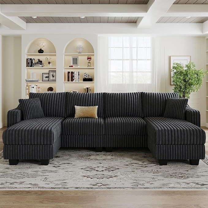 Belffin U Shaped Couch with Reversible Chaises Sectional Couches for Living Room Sectional Couch with Ottomans Corduroy (Dark Grey U Shaped)