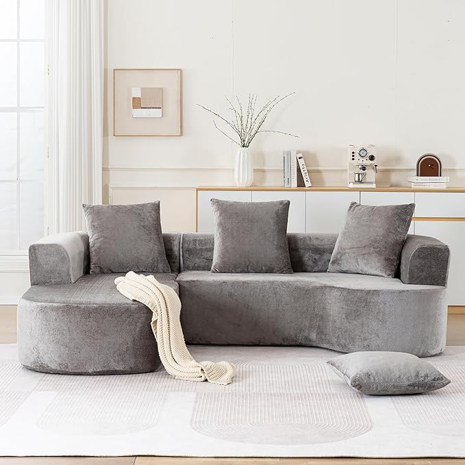 100''Oversized Sectional Sofa with Chaise for Living RoomModern Luxury Chenille 3-Seater Sofa Extra Wide Seat L-Shape Curved Cloud Couch with 3 Throw Pillows (Gray 100)