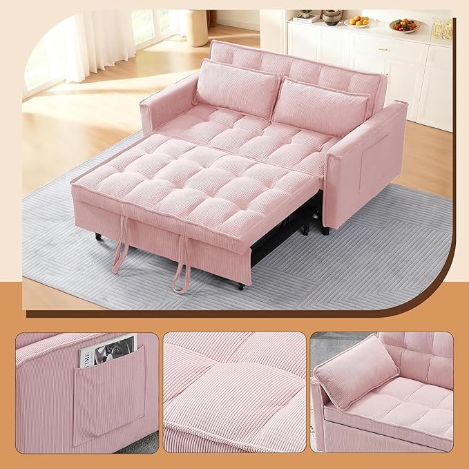 3 In 1 Corduroy Convertible Sofa BedPull Out Couch Bed with Reclining Backrest And 2 Pillows 54 Full Size Loveseat Sleeper Sofa Futon Couch Bed Couches For Small Spaces Living Room (Pink ①)