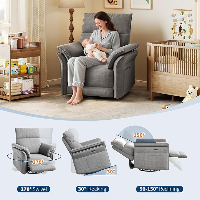GAOMON Power Recliner Chair 270 °Swivel Rocking Glider with USB Charging Port Chenille Upholstered Fabric and Double-Layer Armrests Nursery Chair for Living Room Nursery (Silver)
