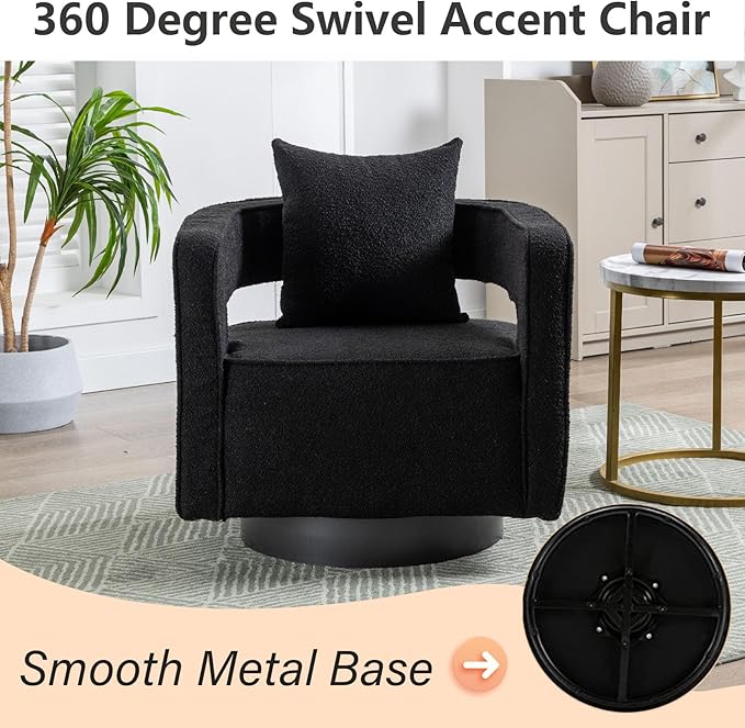 Swivel Barrel Chair Modern Teddy Round Accent Chairs Curved Open Back 360 Degree Swivel Arm Chair with Pillow Single Sofa Chair for Living Room BedroomBlack