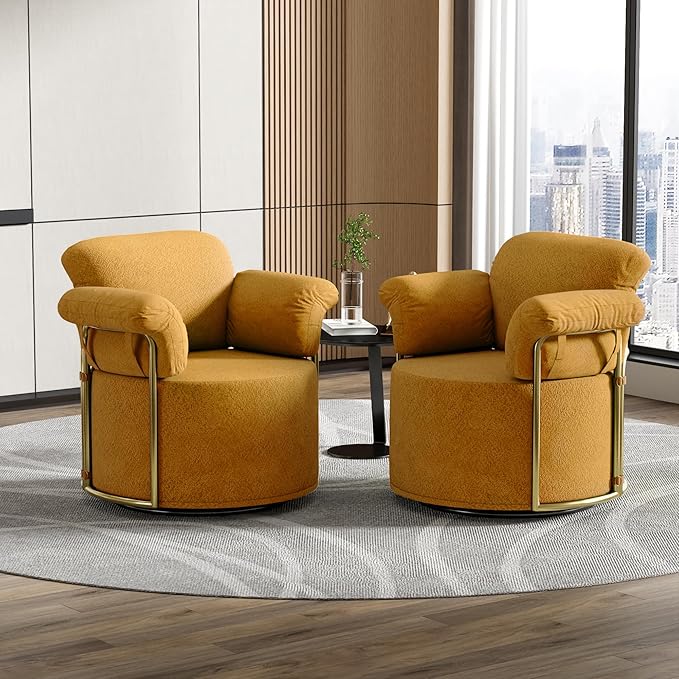 Swivel Accent Chair 360 Degree Swivel Barrel Chair Upholstered Comfy Reading Chair for Living Room Bedroom Apartment Small Space Seating with Supportive Foam Spring Cushion Orange