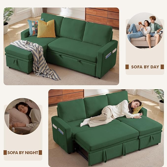 Pull Out Sleeper Sofa Bed 2 in 1 Pull Out Comfy Corduroy Couch with Storage &amp Side Pocket Convertible L Shaped Couch Bed for Living Room Apartment Green