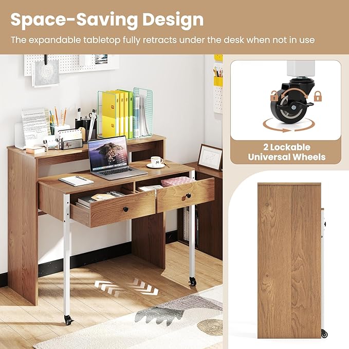 Giantex Small Computer Desk with Hutch &amp Drawers Extendable Writing Desk w/Pull Out Secondary Table Monitor Stand &amp Rolling Wheels Console Table Compact Desk for Small Spaces (Natural)