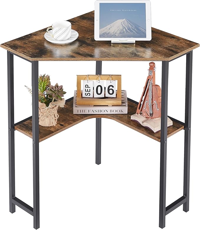 VECELO Small Corner Computer Desk 33 x 23 inches with Storage Shelves for Small SpacesTriangular ShapeBrown