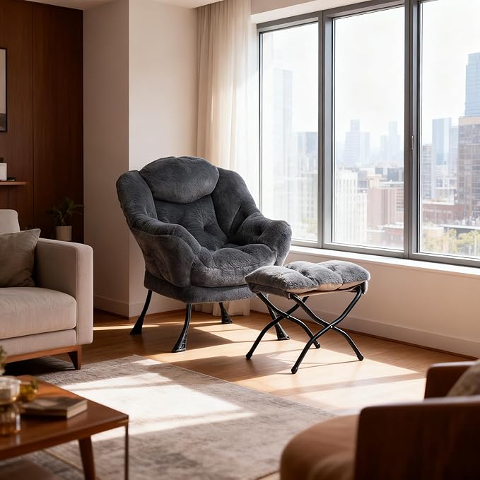 HollyHOME Lazy Chair with Foldable Ottoman Accent Comfy Lounge Armchair and Folding Footrest Stool Leisure Sofa Reading Chair and Footstool for Living Room Bedroom DormFaux Fur Navy Blue
