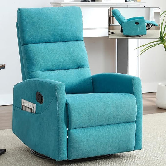 Swivel Rocking Recliner Chair Upholstered Glider Rocker with Adjustable Backrest and Footrest Modern Rocking Chair for Adults with 2 Pockets for Nursery Lounge Bedroom Living Room (Blue)