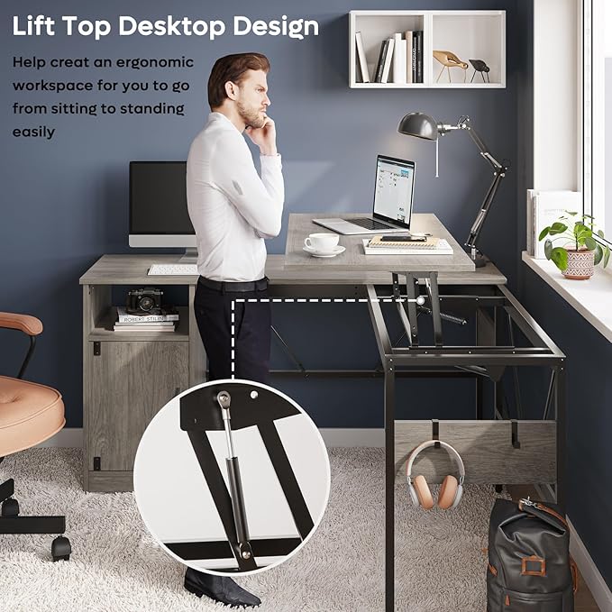 Bestier Versatile 60 Inch L-Shaped Standing Desk Lift Top Corner Desk Extending to 95 Inches with Storage Cabinet and Hooks for Home Office Washed Gray