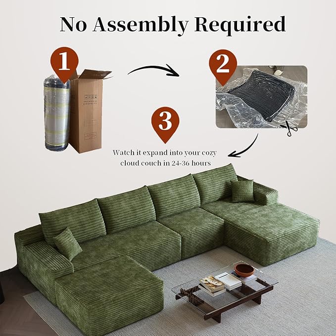 135.4 Oversized U-Shaped Couches Cloud Modular Sectional Sofa with Ottoman for Living Room Deep Seat Boneless Couch 1600lb Weight Capacity No Assembly Required (Green Right Facing Chaise)