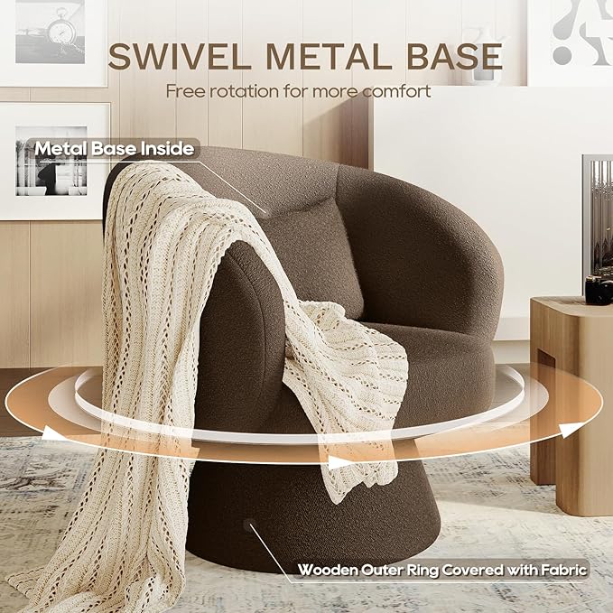 Swivel Accent Chair Modern Upholstered Barrel Chair with 360° Swivel Soft Teddy Fabric &amp Extra Lumbar Pillow Stylish Round Accent Chair for Living Room Bedroom Nursery – Brown1PC
