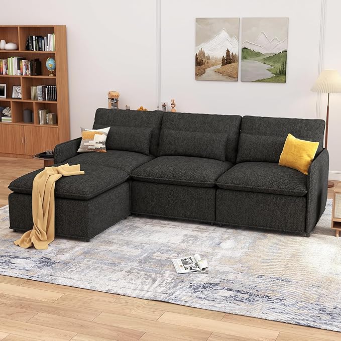 L Shaped Sectional Couch 94.5 Sectional Cloud Couch for Living RoomFluffy Modular Sofa with Textured Corduroy3 Seaters with OttomanPet-Friendly Comfy Modern Deep Seat Sofa SetDark Gray