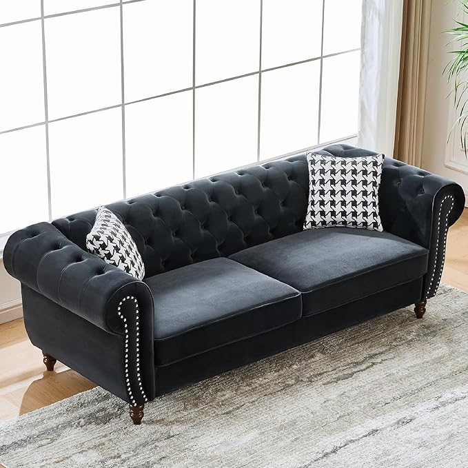 KEIKI Modular Chesterfield Velvet Sofa Couch Set Mid Century Modern 6 Seater Couches w/Roll Armrest &amp Nailhead Comfy Sleeper Cloud SofaBed for Office Apartment Living Room Easy Assembly Black