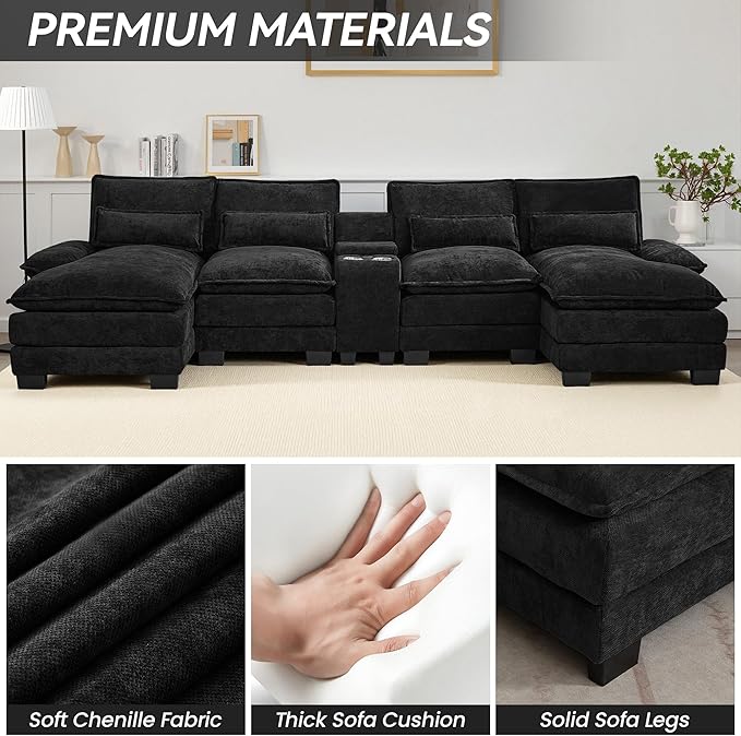 125 U Shaped Cloud Modular Sectional Couch for Living Room Small Comfy Chenille Sofa with Double Chaise Lounge Storage Central Console Cup Holders USB PortBlack