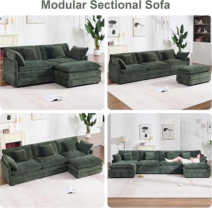 105 Modular Sectional Sofa Large L Shaped Sectionals Cloud Couch Big Comfy 3-Seat Couch with Ottoman 4 Seater Chenille Sectional Sofa with Deep Seat and 5 Pillows for Living Room- Green