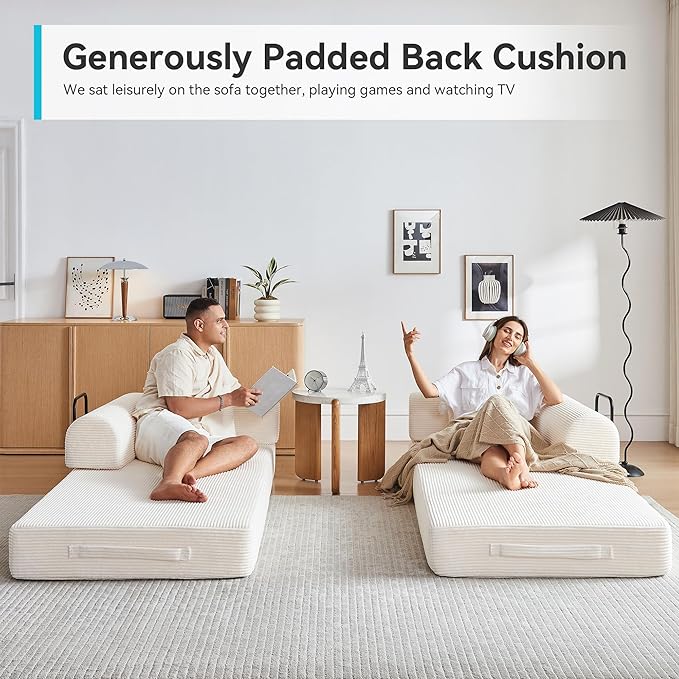 Convertible Folding Mattress Couch 5-in-1 Futon Sofa with Armrests Sleeper Mattress Sofa Bed Comfy Fold Out Bed for Living Room Bedroom LoungeGuest Office (Beige White)