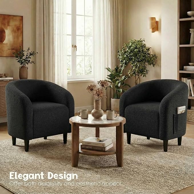 Modern Accent Barrel Chair Comfy Teddy Fabric Club Armchair with Side Pocket Easy Assembly Living Room Corner Chair for Bedroom Office Reception Space