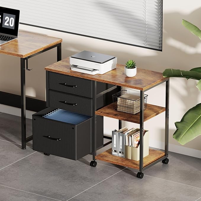 3 Drawer File Cabinet with Wheels Rolling Printer Stand with Open Storage Shelf Fabric Lateral Filing Cabinet for Home OfficeRustic Brown