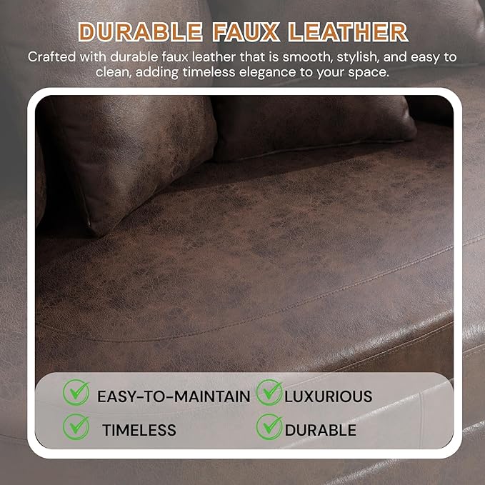 54.9''W Oversized Accent Barrel Chair Upholstered Faux Leather Comfy Couch Sofa with 5 Pillows for Bedroom Living Room Apartment Studio Brown.