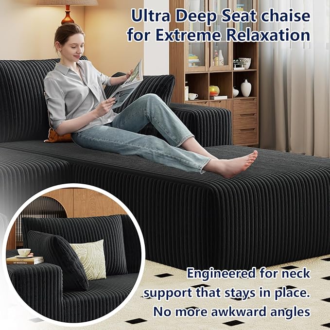 96 Modular Sectional Sofa Modern Corduroy Cloud Couch with Deep Seat Boneless Couch Upholstered 3-Seater L-Shaped Sofa for Living Room No Assembly Required (Black Right-Facing Chaise)