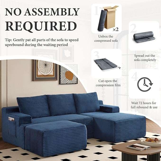 96 Sectional Couches for Living Room Cloud Couch Sofa with L-Shape Upholstered Boneless Couchs Modern Modular Sectional Couch with Chaise (Bule 96 W+Right Facing Chaise+2Seaters+Ottoman)