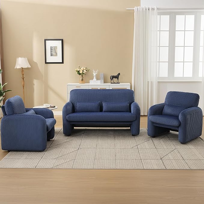 Corduroy Accent Living Room Sets Modern Upholstered Love Seat with 2 Accent Chairs Wide Comfy Leisure Chair Sets for Bedroom Office Blue