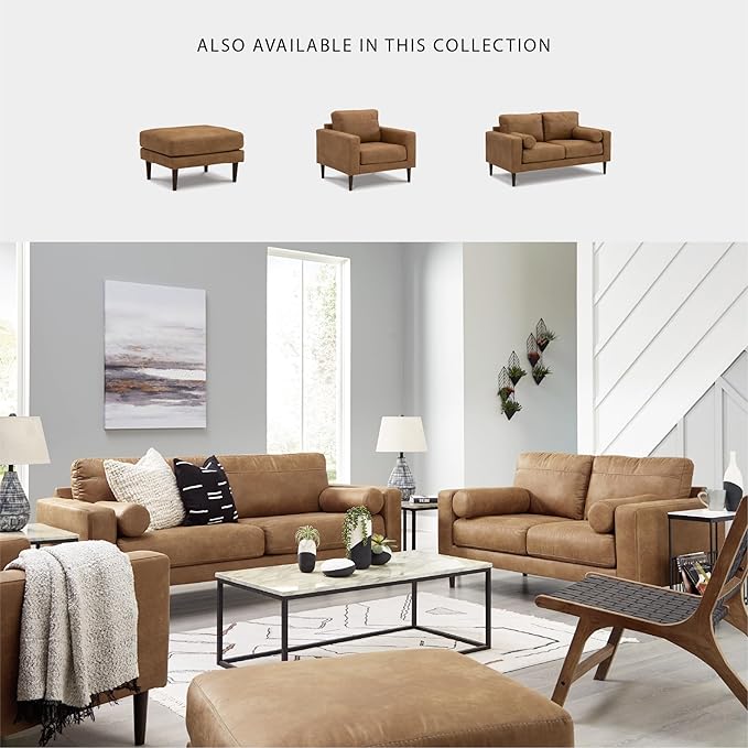 Signature Design by Ashley Telora Faux Leather Sofa 2 Bolster Pillows Loose Cushions Faux Wood Finish Accent Legs 85 W x 35 D x 35 H Dark Brown