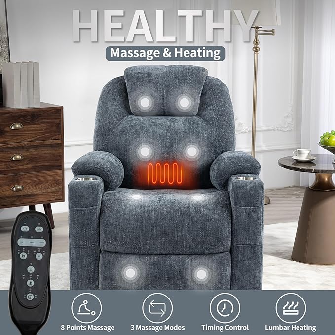 Power Lift Chair with Massage &amp Heat Electric Recliner Chairs for Adults Remote Control Sofa for Living Room Standing Assistance USB Ports Stainless Steel Cup Holders (Chenille Blue)