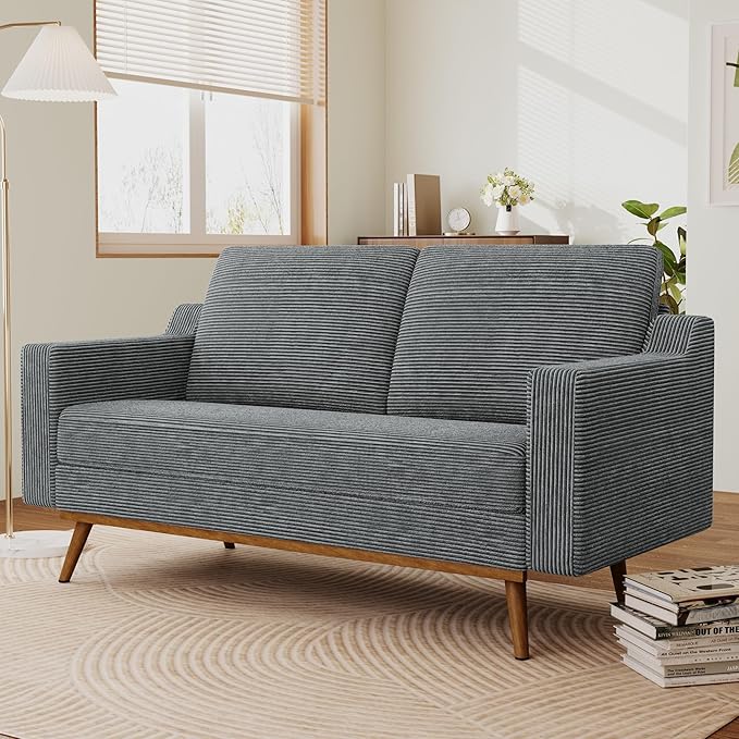 65.4 Loveseat SofaComfy Grey Corduroy Love Seat Couches for Living RoomMid Century Modern Small Couch for Bedroom Office with Spring CushionSolid Wood FrameTool-Free Assembly