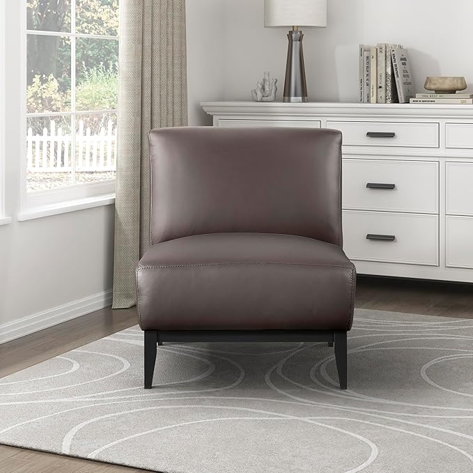 Lexicon Modern Living Room Leather Accent Chair Luxury Genuine 100% Top Grain Leather Upholstered Armless Chair Comfortable Seat Black Solid Wood Legs for Bedroom/Office Easy Assembly Dark Brown