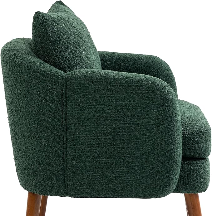 Mid Century Lounge Armchair with Boucle Fabric Solid Wood Legs and Comfortable Cushions Ideal for Bedroom and Living Room Reading and Relaxing (Emerald)