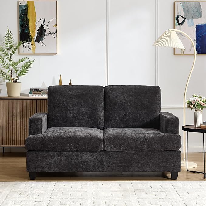 Loveseat Sofa 60 Chenille Couch with Side Pocket Removable Pillow and Cushion Cover 2 seat Couches Comfy Modern Small Couch for Living Room Small Spaces Dorms Office Dark Grey