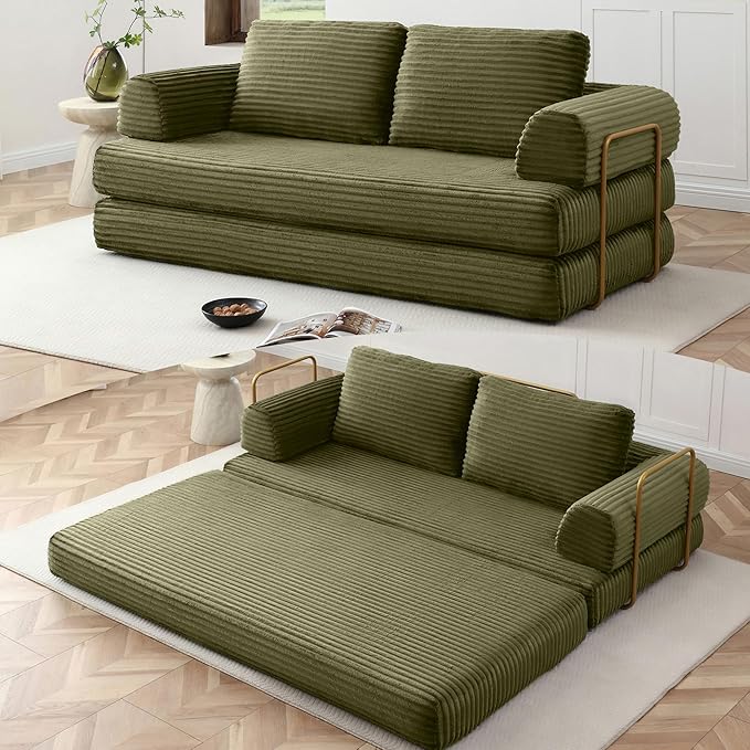 80 Convertible Sofa Bed Modern Corduroy Sleeper Sofa Folding Floor Couch with Golden Fixed-Shape Frame Green Boneless Loveseat Sofas Bed for Living Room Bedroom No Assembly Needed