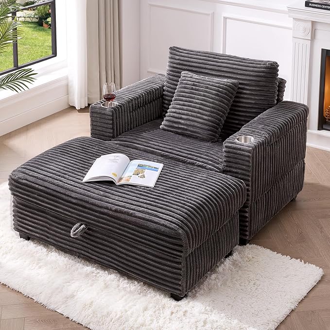 ONBRILL Corduroy Oversized Chair with Ottoman 44 Wide Armchair with Cup Holders &amp USB Port Reading Chair w/Storage Armrest Easy Assembly Comfy Single Sofa Bed for Living Room Apartment Grey