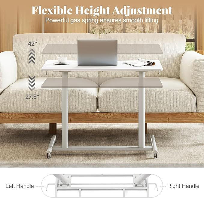 Giantex Mobile Standing Desk Height Adjustable Computer Desk with Wheels &amp Aluminum Frame C Shaped Sofa Side Table Portable Laptop PC Workstation Compact Rolling Desk for Small Space (White)
