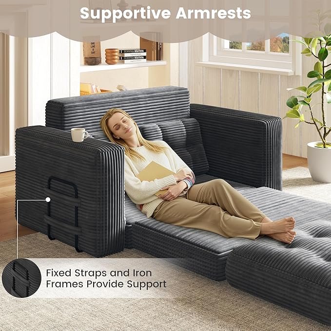 Convertible Sofa Bed 2 in 1 Boneless Couch Bed with 2 Pillows Corduroy Pull out Couch Folding Sofa Bed with Deep Seat Small Loveseat Sleeper Sofa Bed in a Box for Small Spaces No Assembly Required