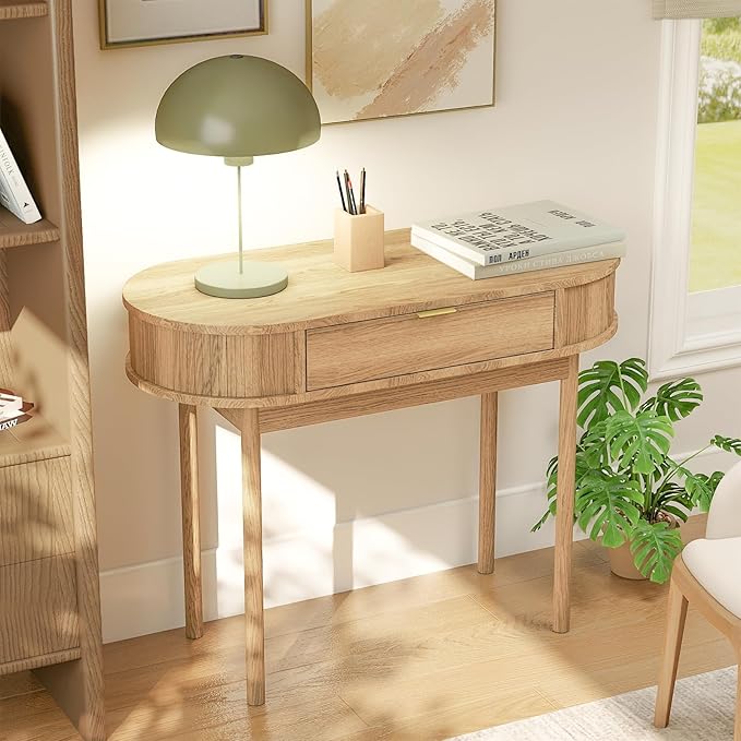 Writing Desk with Drawer 39 Small Computer Desk with Fluted Design Oval Wood Study Table for Small Space Modern Home Office Desk Makeup Vanity Table for Bedroom Oak
