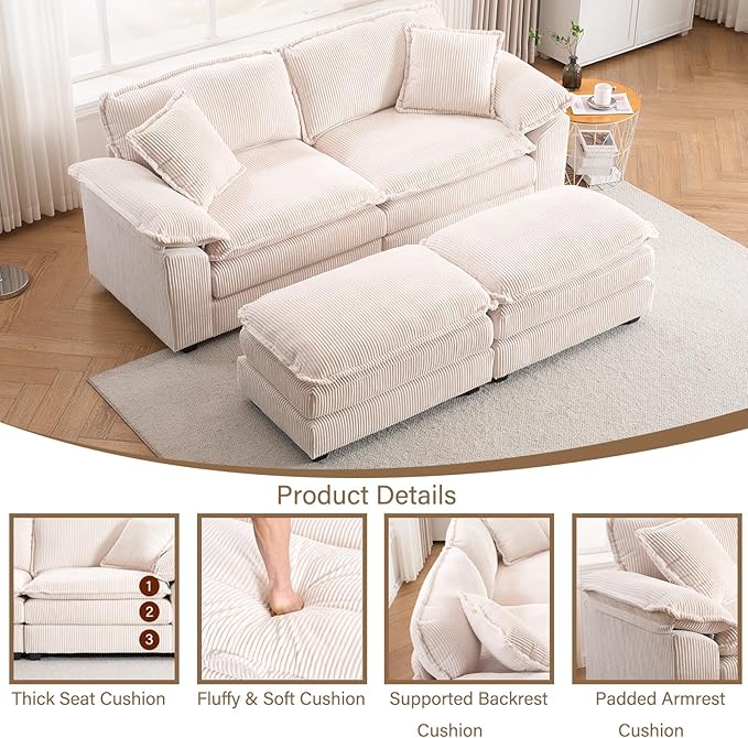 84.6” Corduroy Loveseat with Ottoman Oversized Double Chaise Lounge Chair Indoor Deep Seat Two Seater Couch Cloud Couch Modular Sectional Sofa for Living Room(Corduroy White)