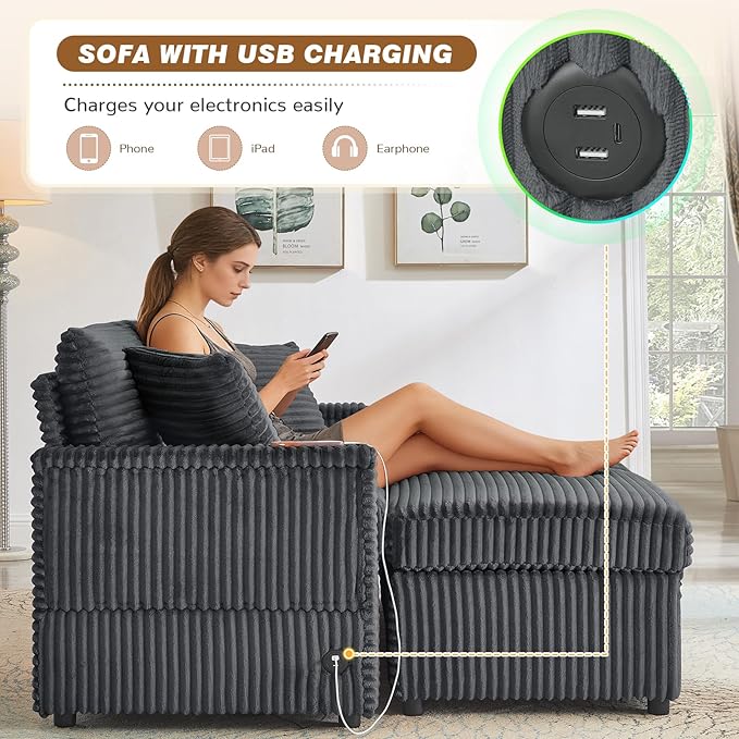 Chaise Lounge Chair Indoor 68 W Corduroy Loveseat Sectional Couch with Sorage Ottoman/Wing Table/Charge Ports/Cup Holder Modern Comfy Deep Seat Reading L-Shape Sofa for Living Room Dark Gray