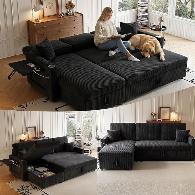 Sleeper Sectional Sofa 83 Convertible Sofa Bed with Pull Out Couches Small Desktop L Shaped Couch with Reversible Chaise Cup Holders USB Modern Corduroy Sofas for Living Room Apartment Black
