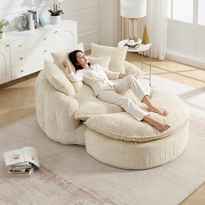 Oversized Fluffy Chenille Lounge Sofa - Extra Deep Seat Cozy Reading Circle Couch for Living Room | Indoor Lounge &amp Oversized Round Accent Design (Beige - with Ottoman)