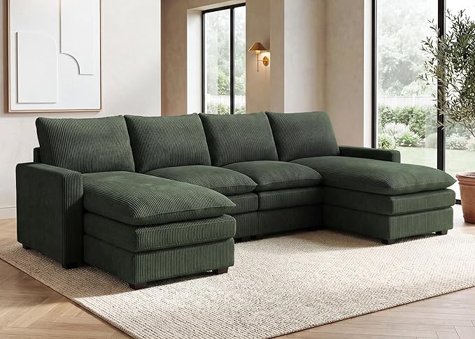 HONBAY 127.2 Inch Corduroy Cloud Modular Sectional Sofa with Chaise Deep Seat U-Shaped Couch with Storage for Living Room Apartment Small SpaceGreen