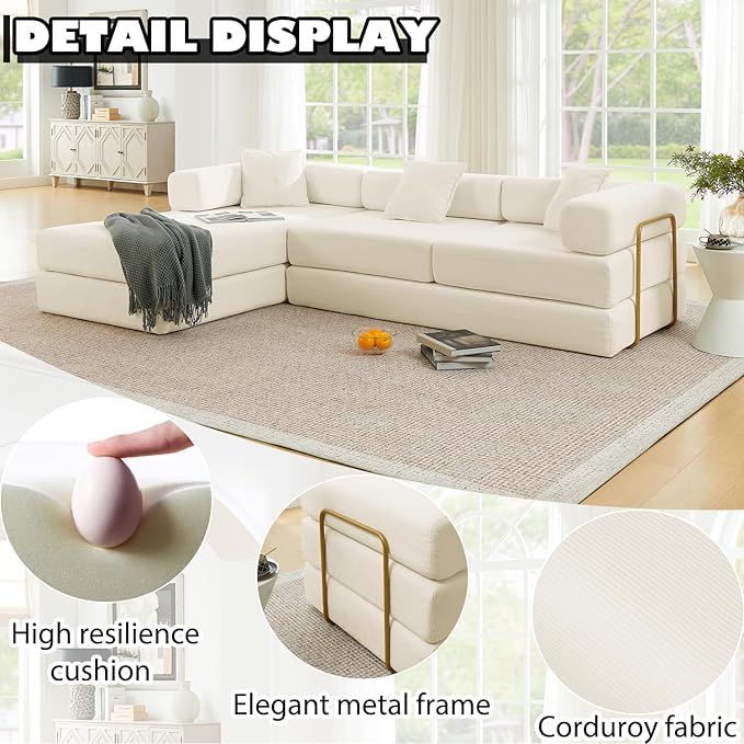 108 Modular Sectional SofaFuton Convertible Sofa BedOversized Corduroy Boneless Couch for Living RoomFloor Loveseat Sleeper with Pull Out BedFree CombinationNo Assembly Required (Beige)