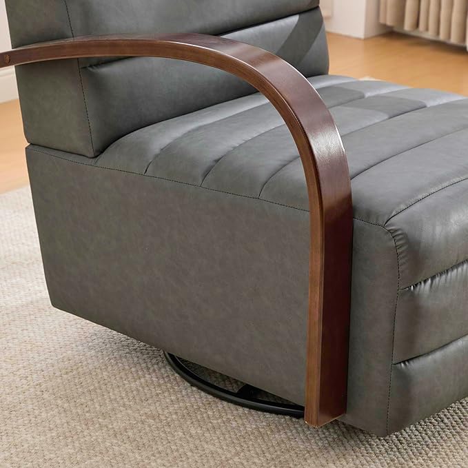 30.3 W Swivel Modern Boucle Upholstered Accent Chair with Solid Wood Armrests Comfy Lounge Reading Chair Side Armchair for Hotel Bedroom Living Room Office Nursery Room (Gray+PU)