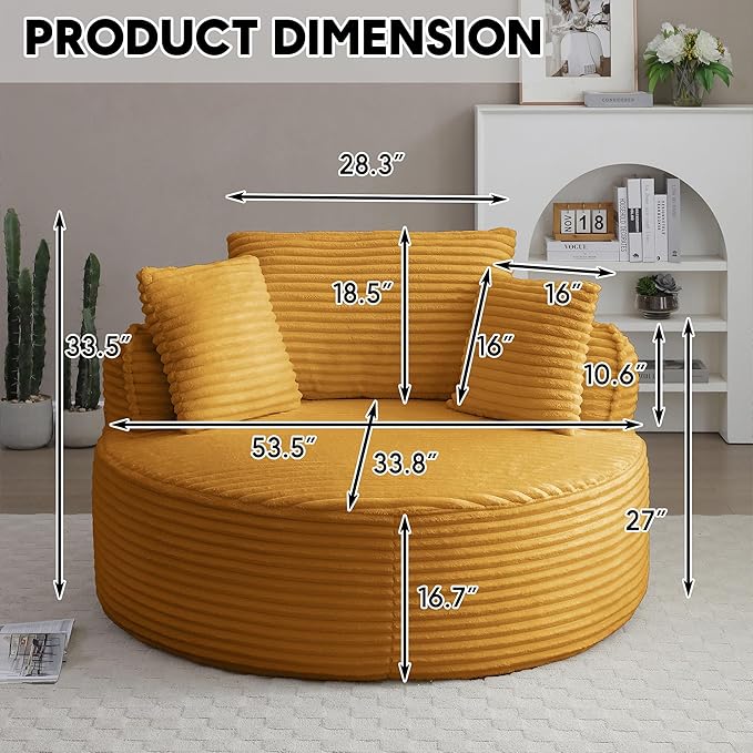 Oversized Round Chair Lounge Chaise Indoor 53.5 Corduroy Boneless Round Chair Fluffy Single Deep Seat Cloud Sofa Chairs Modern Circle Chaise Lounge for Bedroom Living Room Yellow