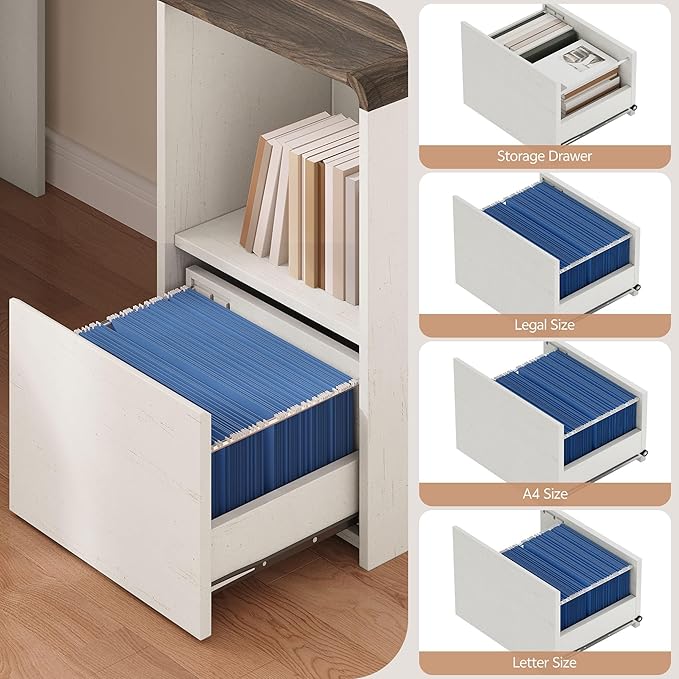 60 L Shaped Desk with File Drawer Modern Corner Computer Desk with Storage L Shape Home Office Desk Executive Desk with Power Outlets Storage Shelves File Cabinet for Working Writing White
