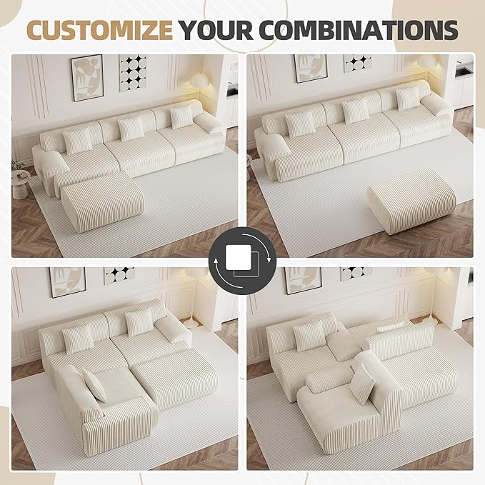 118 Modern L Shaped Modular Sectional Sofa Boneless Cloud Couch with Ottoman Oversized Corduroy Couch Deep Seat 30D Sponge for Indoor Living Room No Assembly Required(Beige)