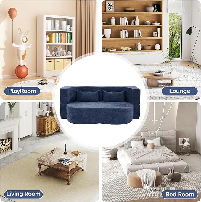 78 Convertible Sofa Bed with Pillows Queen Sleeper SofaFoam Folding Mattress Sleeper Modern Teddy Fabric Floor Cushion and Futon Chaise Lounge SofaFor ApartmentsGuest RoomsGuest UseCondoBlue